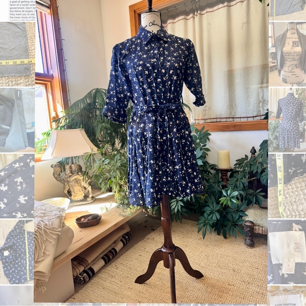 Line & Dot Bird Print Button-Front Shirt Dress